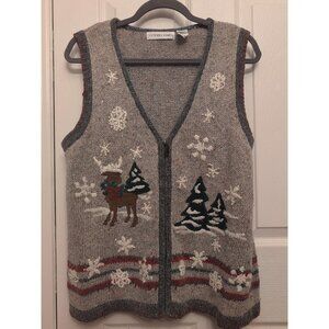 VTG Victoria Jones Folk Art Christmas Sweater Vest Cardigan Zip Front Size Small